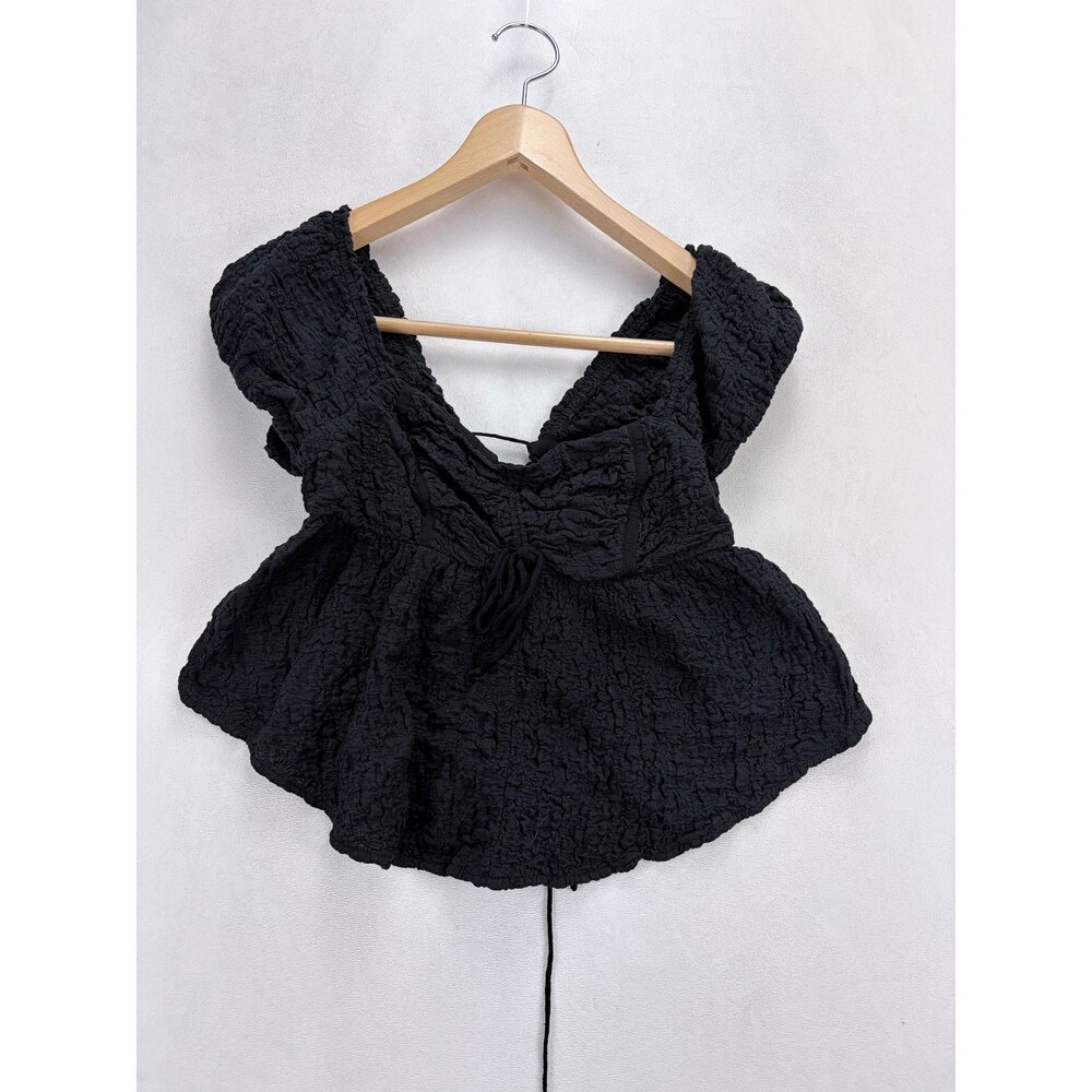 Urban Outfitters Black Textured Corset Tie-Back Peplum Top M - Picture 2 of 10